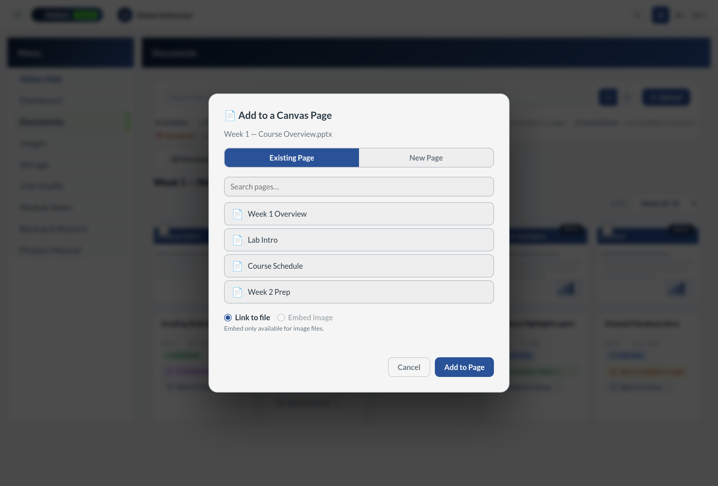 Add to Page modal